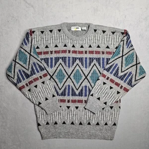 Suéter De Colección Para Hombre Grande Gris Acrílico Geométrico Abstracto Fusiones Tejido Años 80 - Imagen 1 de 7