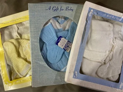 3 Vintage Cradle Knit Layette Set Cardigan Sweater Booties Hats Baby Girl Boy - Image 1 of 4