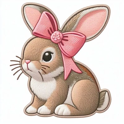 Bunny Rabbit Patch Iron-on Applique Clothing, Baby Cottontail, Pink Bow, Easter - Image 1 of 4