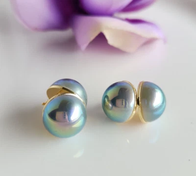 Double Sea Shell Blue Grey MABE 14mm Pearl HOOP Stud Earrings 14K Gold Plated - Image 1 of 4