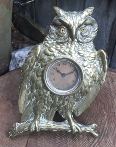 Antique German owl mantel clock Victorian 19th century easel stand brass glass - Picture 1 of 13