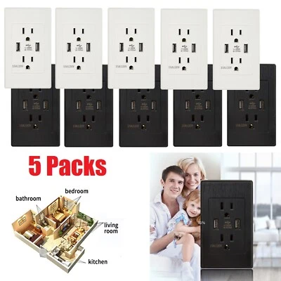5 Pack Dual USB Wall Outlet Charger Electrical Surge Protector Socket Receptacle - Image 1 of 4