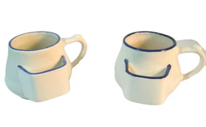 TEA MUGS Restaurant Ware bag pouch marked T thumb knob set of 2 white blue  - Picture 1 of 6