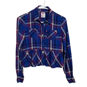 Levi's Shirt Girl's Large Blue Plaid Cropped Button Up Long Sleeve Preppy Top - Picture 1 of 10
