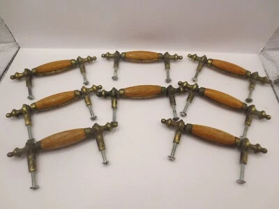 Vintage Salvaged Recycled Wood & Brass Drawer Pulls -Oak & Metal Cabinet Handles - Image 1 of 4