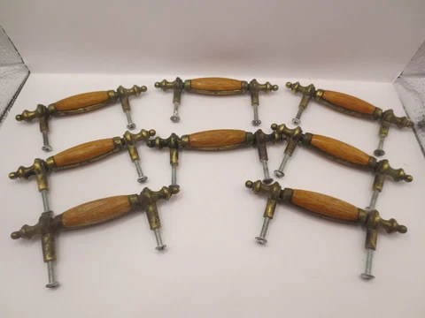 Vintage Salvaged Recycled Wood & Brass Drawer Pulls -Oak & Metal Cabinet Handles Cover