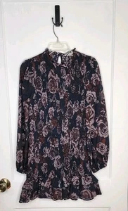ZARA Navy FLORAL PRINT Dress Smocked Ruffle Hem Balloon Sleeve Size Medium NWT - Picture 1 of 6