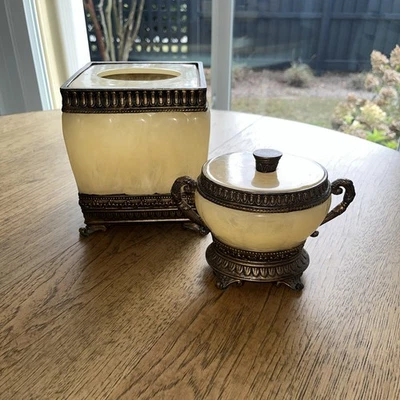 Springmaid Luxury Palais Cream & Gold Faux Marble Tissue Holder And Lidded Jar - Image 1 of 4