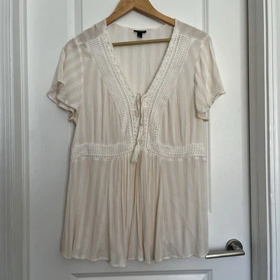 Blusa Top Babydoll Dolman Peplum Tejida a Rayas Tórridas Talla XL Plisada Crema Foto 1 de 4