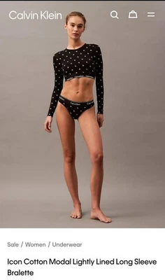 $46 Calvin Klein Icon Lightly Lined Long Sleeve Bralette Black Sz Small  - Image 1 of 4