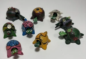 Lot Of 9 Turtles Loose Neck Collection Bobbing Head Handpainted Wood Mexico - Picture 1 of 16