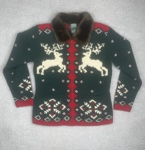 Vintage Ralph Lauren Pullover Damen Medium Rentier Wolle Fellkragen Cardigan - Bild 1 von 8