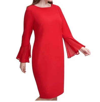 Vestido Vaina Calvin Klein Chifón Manga Campana Vacaciones Rojo Talla 14W Nuevo con Etiquetas Precio de venta sugerido por el fabricante $99 Foto 1 de 4