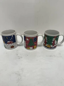 Set of 3 Retro Illustrated Christmas Coffee Mugs with Multiple Christmas Scenes - Picture 1 of 3