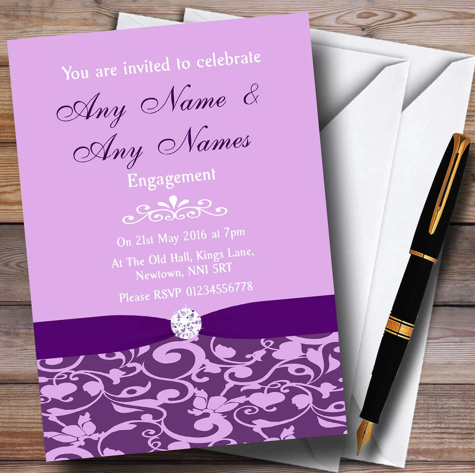 Cadbury Purple Floral Diamante Personalised Engagement Party Invitations - Image 1 of 1