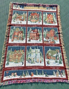 Vintage 90s Heritage Village Collection Christmas Afghan Tapestry Throw Blanket - Picture 1 of 11