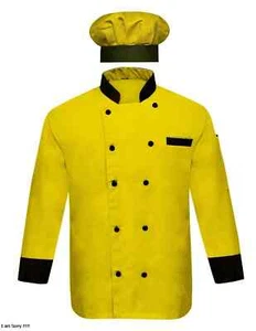 Handmade Men's Yellow Chef Coat Black Cuff & Collar / Coat with Cap medieval - Picture 1 of 4