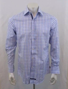 Camicia elegante uomo blu lavanderia inglese a quadri manica lunga con bottoni taglia 15 1/2 - Foto 1 di 7