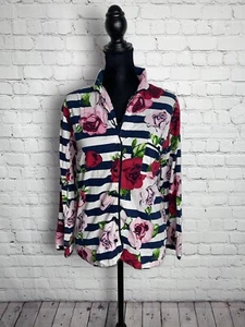 Kate Spade Roses Stripe Pink Floral Navy Blue Striped Pajama Button Top Plus 1 - Picture 1 of 7
