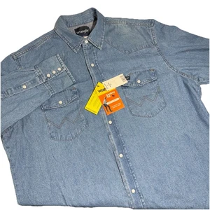 Wrangler Cowboy Cut Denim Pearl Snap Shirt Mens XL Western Work Rodeo Farm Ranch - Picture 1 of 8