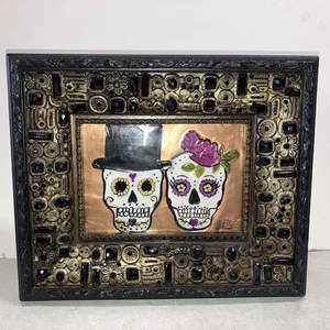 Enamel On Copper Embossed Skulls Head Signed K. Elizabeth Wood Frame Rhinestones - Picture 1 of 10
