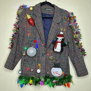 Ugly Christmas Sweater Blazer LIGHTS UP Tacky Lametta Xmas Party Winner Small - Bild 1 von 4