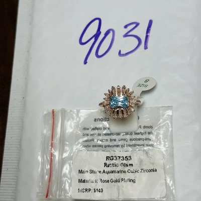 NIB Bomb Party Size 8 Ring RG37353 Rustic Glam Aquamarine Cubic Zirc Rose Gold P - Image 1 of 4
