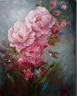 ROSA ROSEN UND KOLIBRIS II neue Blumen 16x20 nass Ölgemälde vom Künstler - Bild 1 von 4