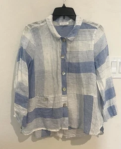 Top camicia donna Habitat con bottoni blu bianco manica 3/4/LS taglia S lino - Foto 1 di 8