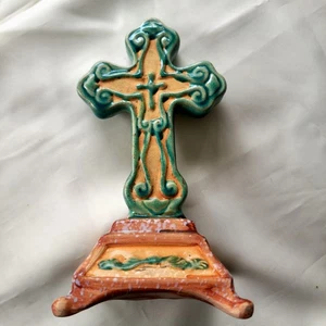 Croce Ceramica 2004 Ceramica Rustica Cristiana Decorazione Casa 10" Verde Ruggine e Teal - Foto 1 di 9