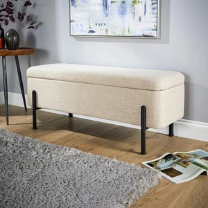 Fabric Storage Ottoman Linen Off White Metal Legs Space Saving Seat Furniture - Picture 1 of 7