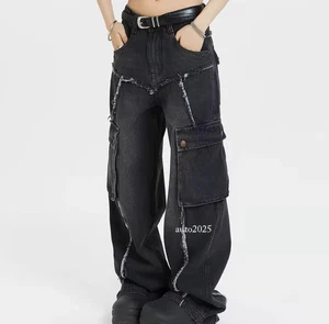 Men's Cotton Denim Black Denim Jeans Pockets Tassels Straight Leg Casual Pants - Picture 1 of 25