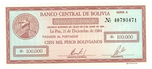 Bolivien … P-197 … 10 Centavos auf 100.000 Bolivianos … 1984 … Ch *UNC*😄 - Bild 1 von 2