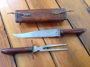 Vintage India Made Wood Carved Brass Scabbard Carving Set Serving Fork Knife - Picture 1 of 9