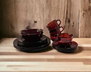 Vintage Arcoroc France Ruby Red Dinnerware 18 Pieces, Sold As Is, No Chip/Cracks - Picture 1 of 2