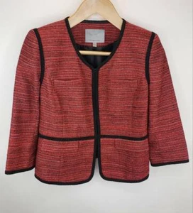 Classiques Entier Womens Red Tweed Jacket Size M Open Front Lined Piping EUC - Picture 1 of 5