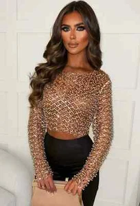 Pink Boutique Pearl Mesh Top It Girl Season Rose Gold Sequin 12-14 - BNWT £36 - Picture 1 of 13