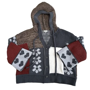 POL Cardigan Sweater Womens Size M Floral Knit Patchwork Hooded Hearts Boho Crop - Picture 1 of 9