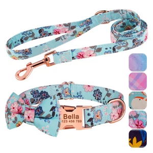 Personalized Dog Collar with Bow Blue Flower Custom Engraved Name ID Tag Large M - Bild 1 von 17