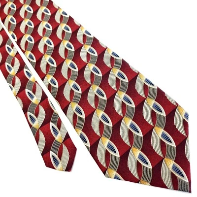 Corbata Perry Ellis Portfolio Roja Beige Seda Tejida Corta Ancha Geométrica Foto 1 de 4