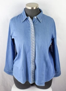 Norm Thompson Chambray Top Plus Size 2X Blue Embroidered Button Up NWOT - Picture 1 of 8