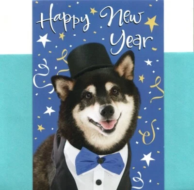 Cheers Happy New Year Wishes Alaskan Husky Huskies Hallmark Greeting Card - Image 1 of 3