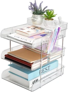 Clear Stackable Paper Trays 3 Pack, Letter Tray Set, Desk File Rack with Storage - Picture 1 of 8