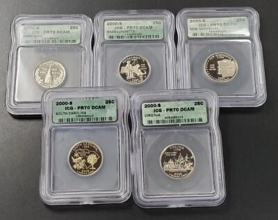 2000 S Complete 5 Coin CLAD Proof Quarter Set ICG Graded PR70 DCAM - Image 1 of 2