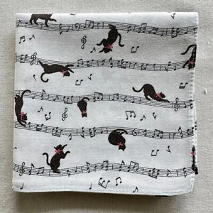 Handkerchief Vintage Cotton Black Cat Plays on Musical Notes Hanky Kerchief 20" - Picture 1 of 4