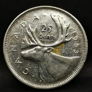 25 CENTS 1953 ARGENT 800‰ ELIZABETH II 1ère Effigie CARIBOU CANADA / SILVER - Imagen 1 de 2