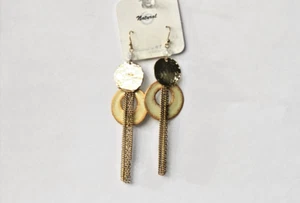 Pendientes largos con flecos de doble disco y cadena de oro cepillado natural de 2 tonos para mujer - Imagen 1 de 7