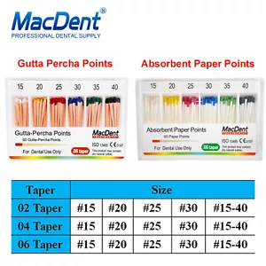 MacDent Dental Endo Gutta Percha Points / Absorbent Paper Points 02/04/06 Taper - Picture 1 of 24