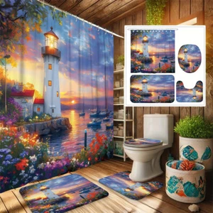 Lighthouse Boat Flower Shower Curtain Soft Nonslip Rug Bath Mat Toilet Lid Cover - Picture 1 of 18