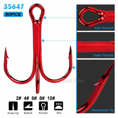 50pc Fishing Hook Carbon Steel 2 4 6 8 10 Treble Jig Hook Fishhook Tackle - Image 1 of 4